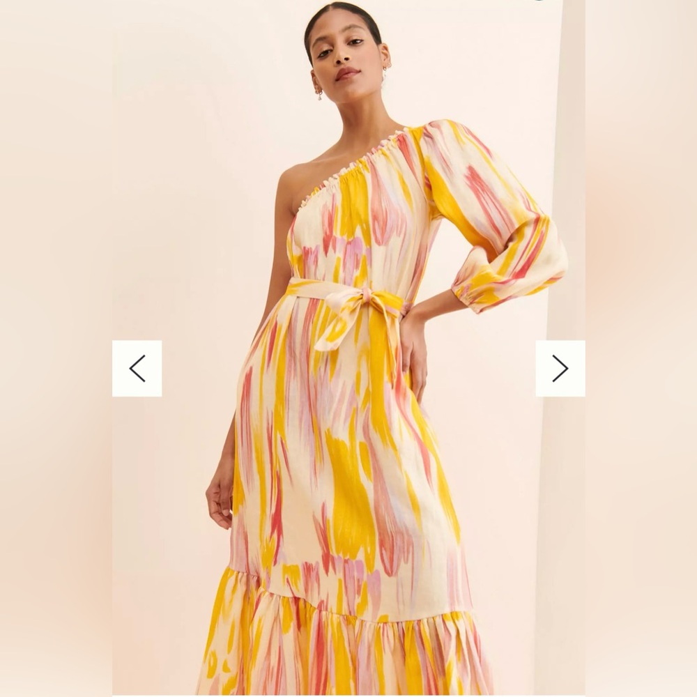 Little Lies Costa Rica Linen Dress One-Shoulder Yellow and Pink Dress